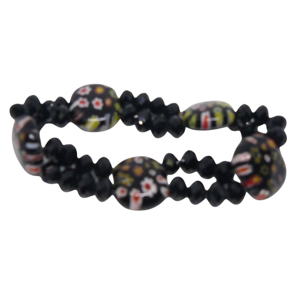 Beaded Stretch Bracelet with Murano Millefiori Floral Glass Accents